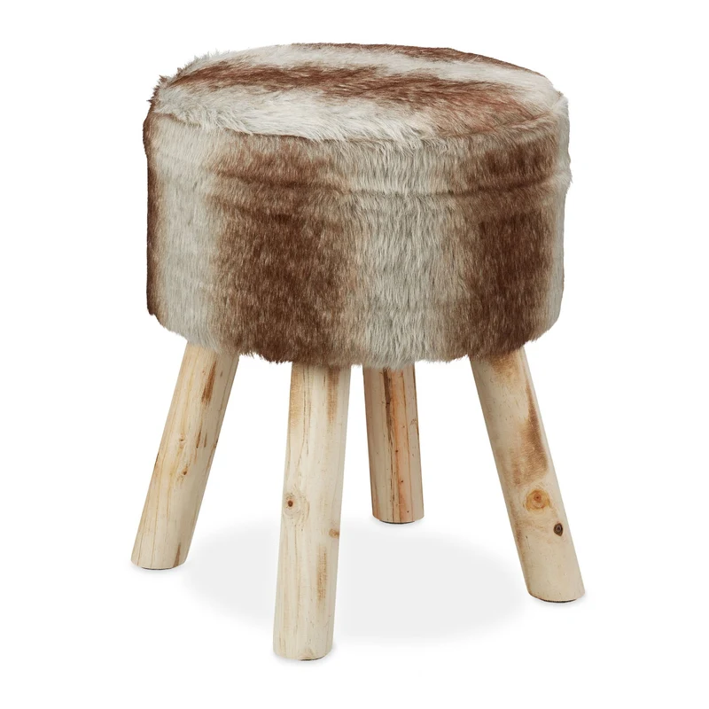 Tabouret rond rustique en bois de pin 40 x 40 x 45 cm confortable et moelleux en fourrure synthétique gris brun 13_0009258