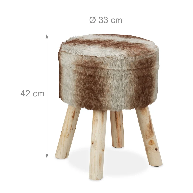 Tabouret rond rustique en bois de pin 40 x 40 x 45 cm confortable et moelleux en fourrure synthétique gris brun 13_0009258