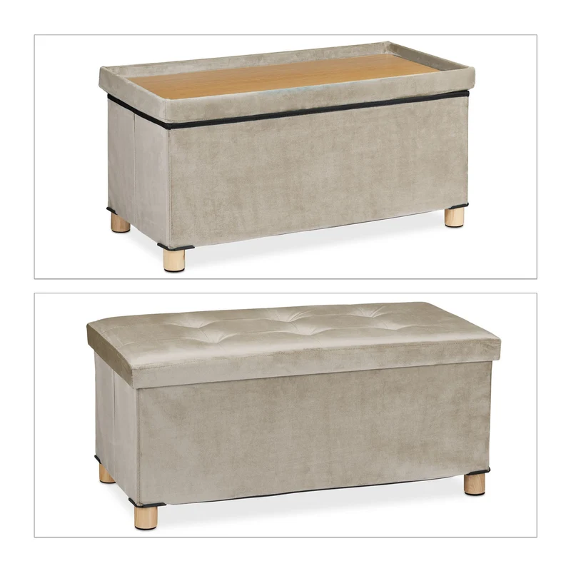 Banquette de rangement en velours matelassée 34 x 76 x 38 cm espace de stockage polyvalent style moderne en velours gris 13_0010922