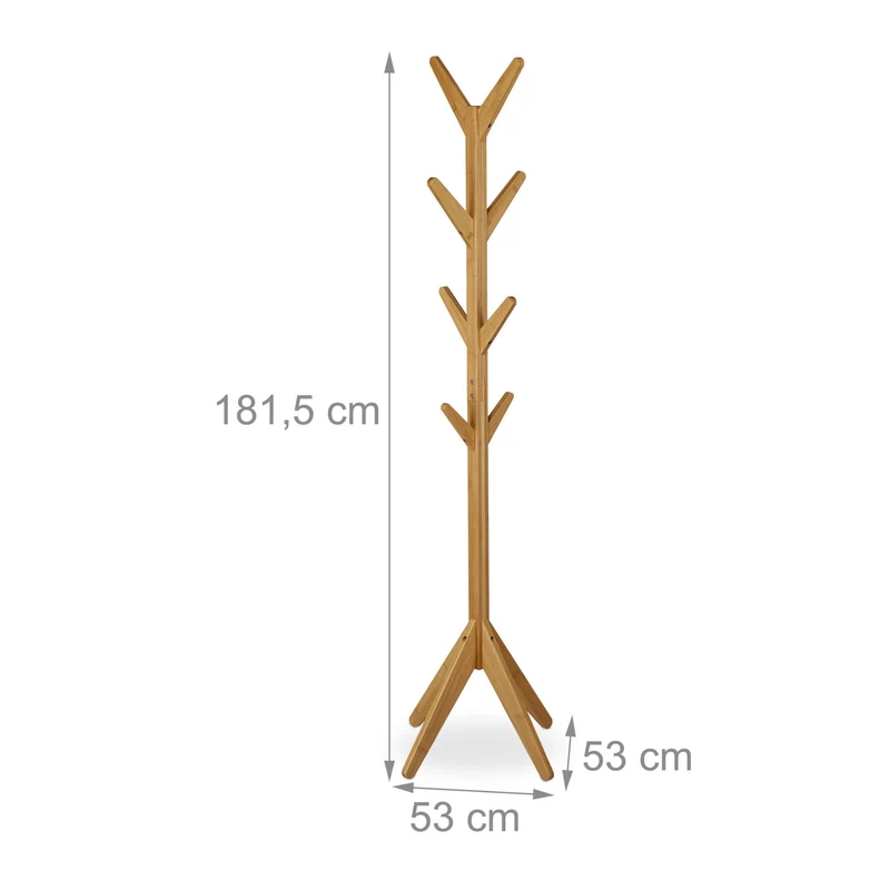 Porte manteau en forme d'arbre avec 8 crochets et 4 pieds obliques style moderne entrée 170 x 40 x 40 cm en bambou naturel 13_0010368