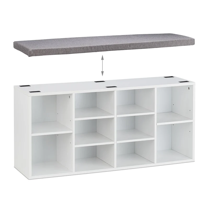 Banc à chaussures moderne avec coussin assise 90 x 30 x 45 cm pratique style épuré en bois blanc 13_0009849