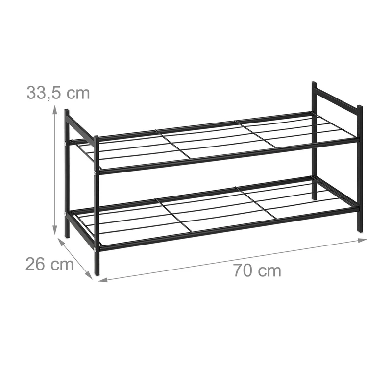 Lot de 2 étagères à chaussures empilables modernes salon dressing 70 x 26 x 33,5 cm en métal noir 13_0010990
