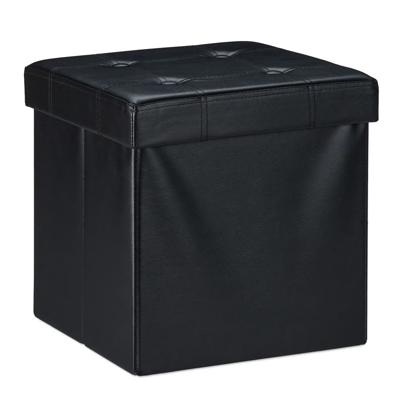 Pouf de rangement pliable pratique salon 38 x 37 x 37 cm assise confortable en similicuir noir 13_0010124