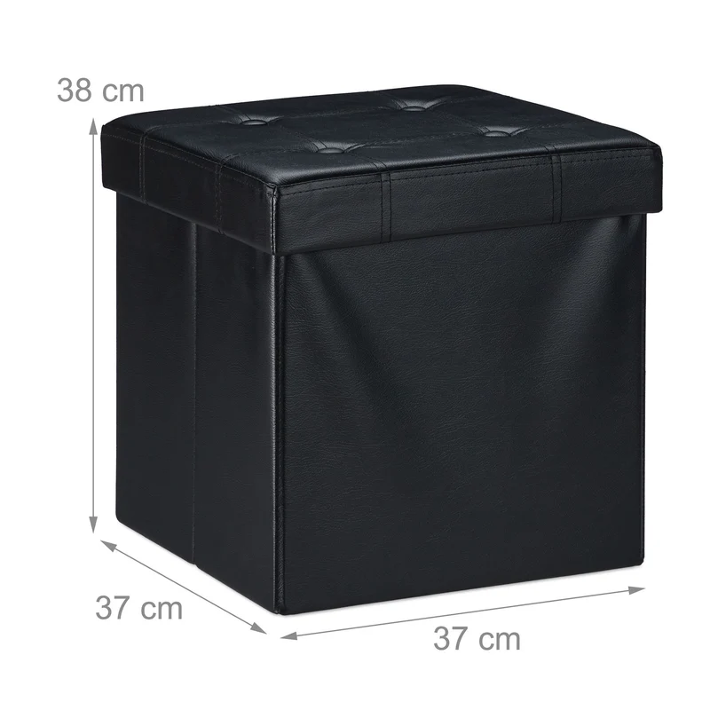 Pouf de rangement pliable pratique salon 38 x 37 x 37 cm assise confortable en similicuir noir 13_0010124