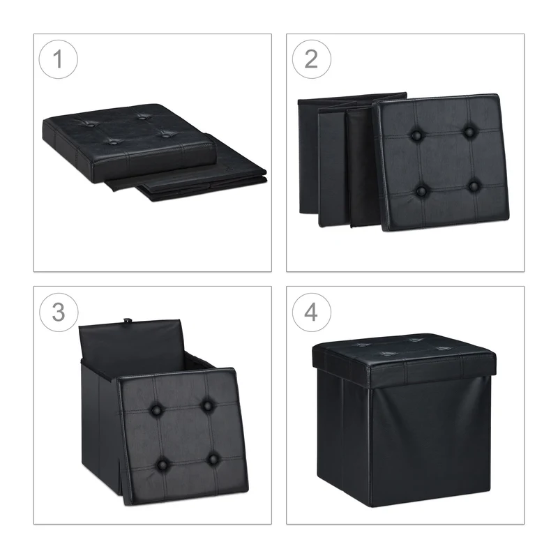 Pouf de rangement pliable pratique salon 38 x 37 x 37 cm assise confortable en similicuir noir 13_0010124