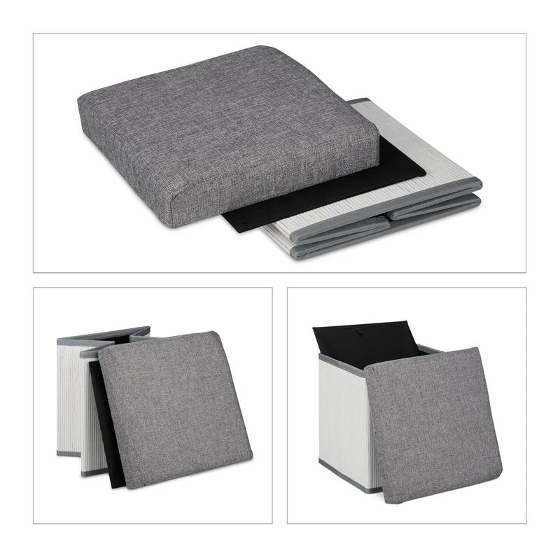 Lot de 2 tabourets de rangement pliants confortables 38 x 38 x 38 cm style moderne ambiance cosy en bambou blanc 13_0012148