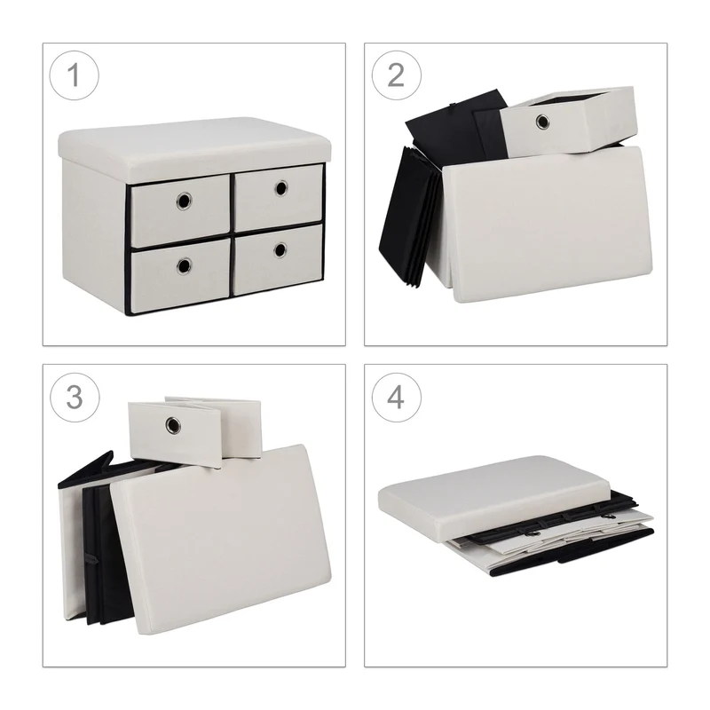 Banquette pliable multifonction avec 4 tiroirs rangement efficace 100 x 40 x 45 cm en tissu crème 13_0011160