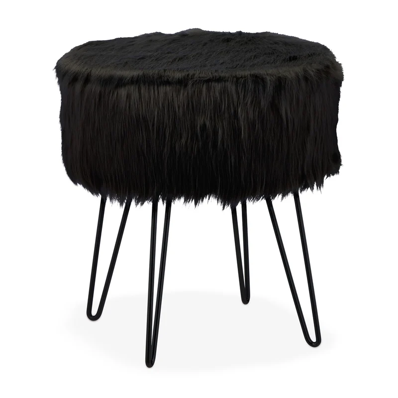 Tabouret d’appoint rond élégant 40 x 40 x 45 cm assise confortable en fausse fourrure noire 13_0012794