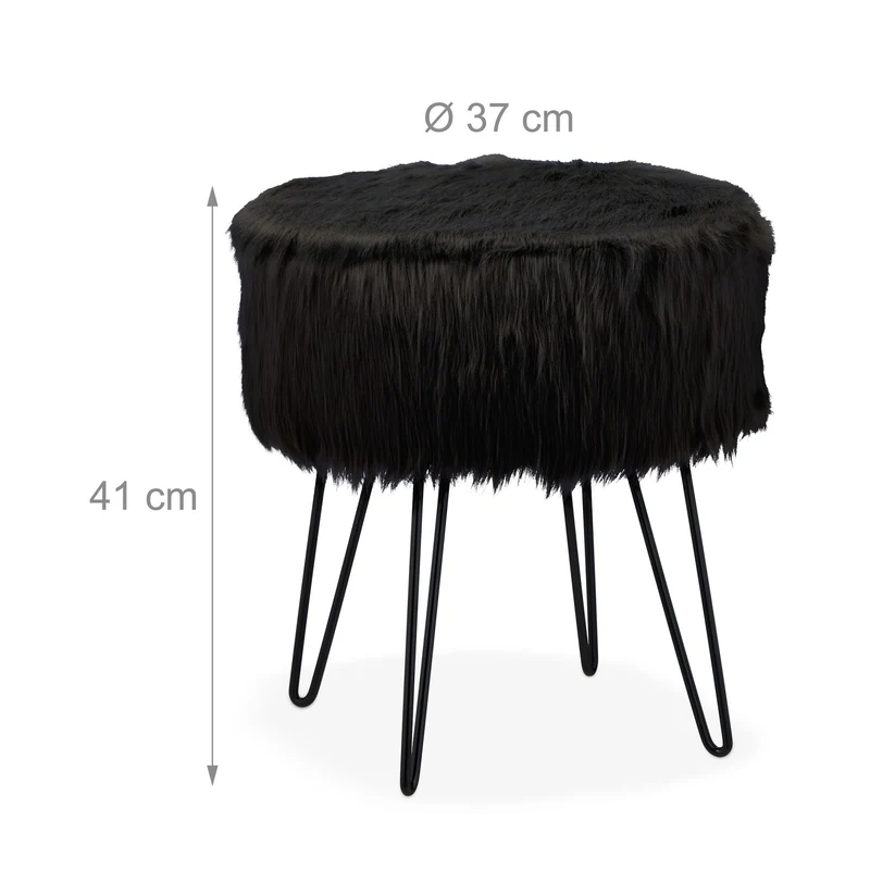 Tabouret d’appoint rond élégant 40 x 40 x 45 cm assise confortable en fausse fourrure noire 13_0012794