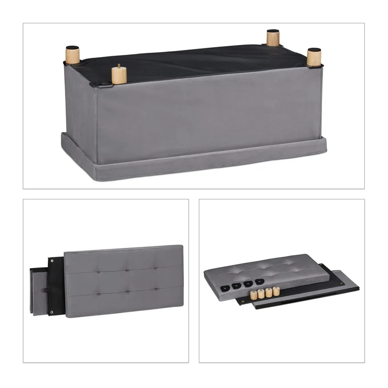 Banquette de rangement moderne pliable pour salon couloir 34 x 76 x 38 cm en velours gris 13_0010923