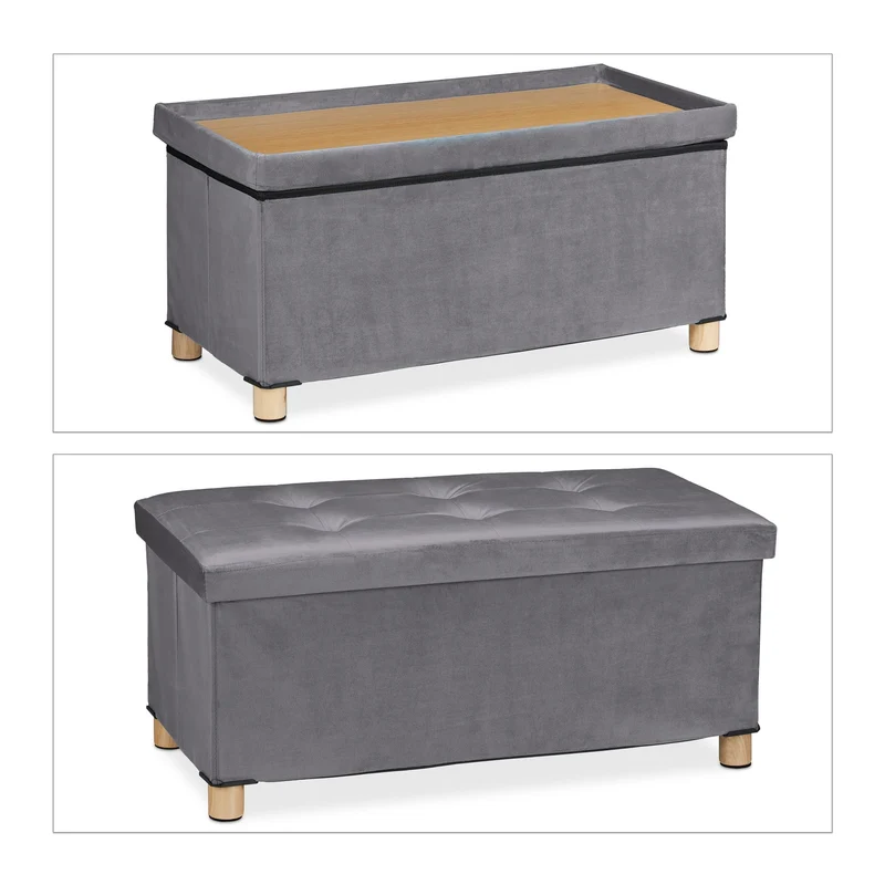 Banquette de rangement moderne pliable pour salon couloir 34 x 76 x 38 cm en velours gris 13_0010923