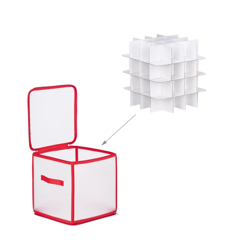 Boîte de rangement transparente pour boules de Noël 31 x 30 x 30 cm avec séparateurs amovibles en plastique rouge 13_0015807