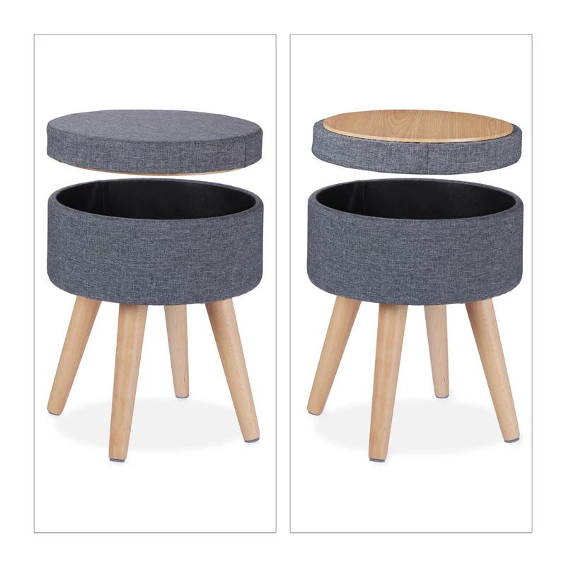 Pouf coiffeuse rond 2 en 1 fonction table rangement 40 x 40 x 45 cm en tissu gris 13_0010889