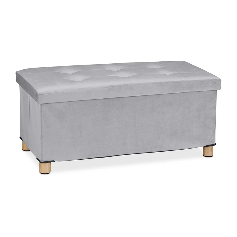 Banquette de rangement en velours matelassée 34 x 76 x 38 cm espace de stockage polyvalent style moderne en velours gris 13_0010924