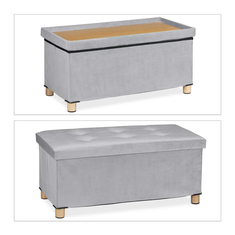Banquette de rangement en velours matelassée 34 x 76 x 38 cm espace de stockage polyvalent style moderne en velours gris 13_0010924