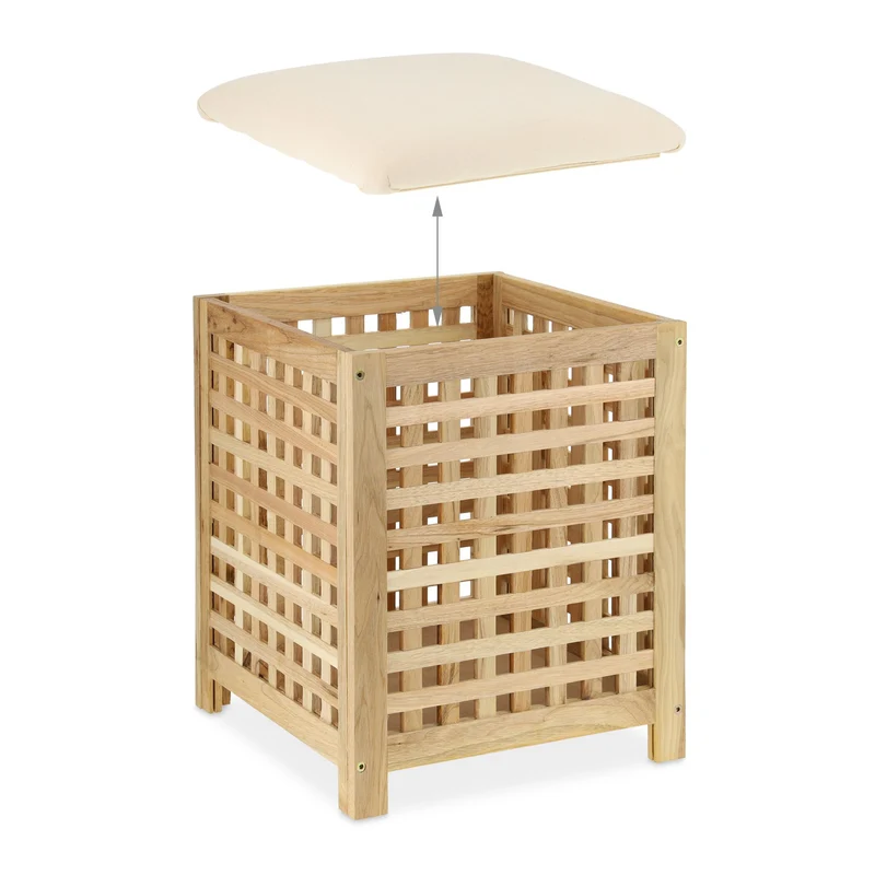 Panier à linge avec siège rembourré salle de bain 80 x 40 x 40 cm en bois de noyer crème 13_0011067