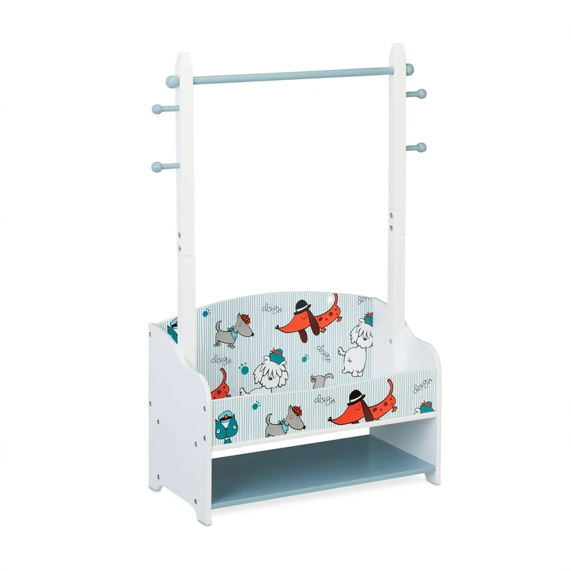 Portemanteau enfant avec étagères 120 x 40 x 160 cm idéal rangement autonome décoration animaux en bois blanc 13_0012236