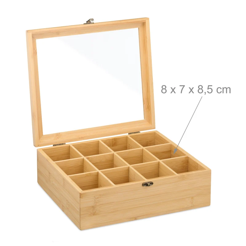 Boîte à thé 12 compartiments design pratique maison fenêtre rangement épuré en bambou naturel 13_0016598