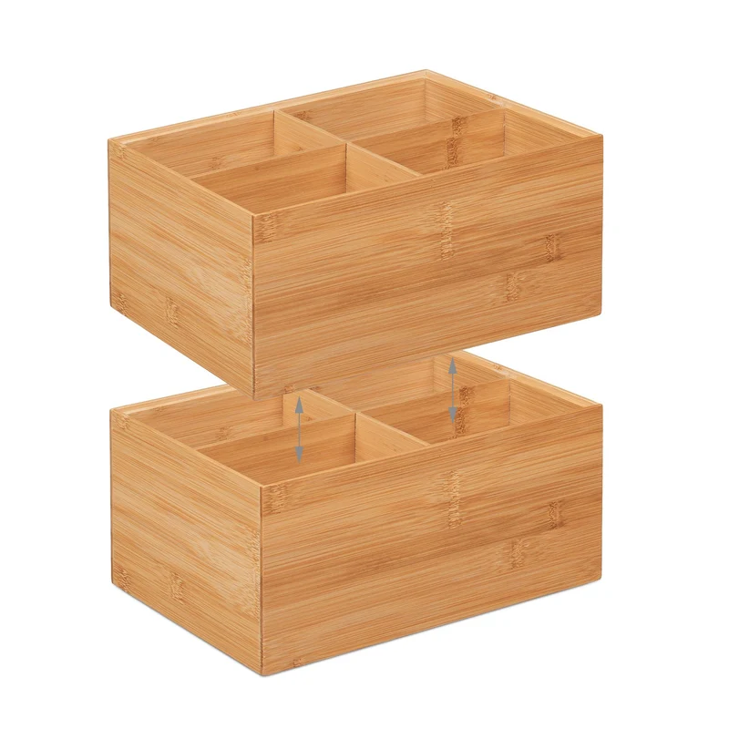 Boîte de rangement empilable 4 compartiments 14 x 30 x 20 cm pratique décorative en bambou naturel 13_0012731