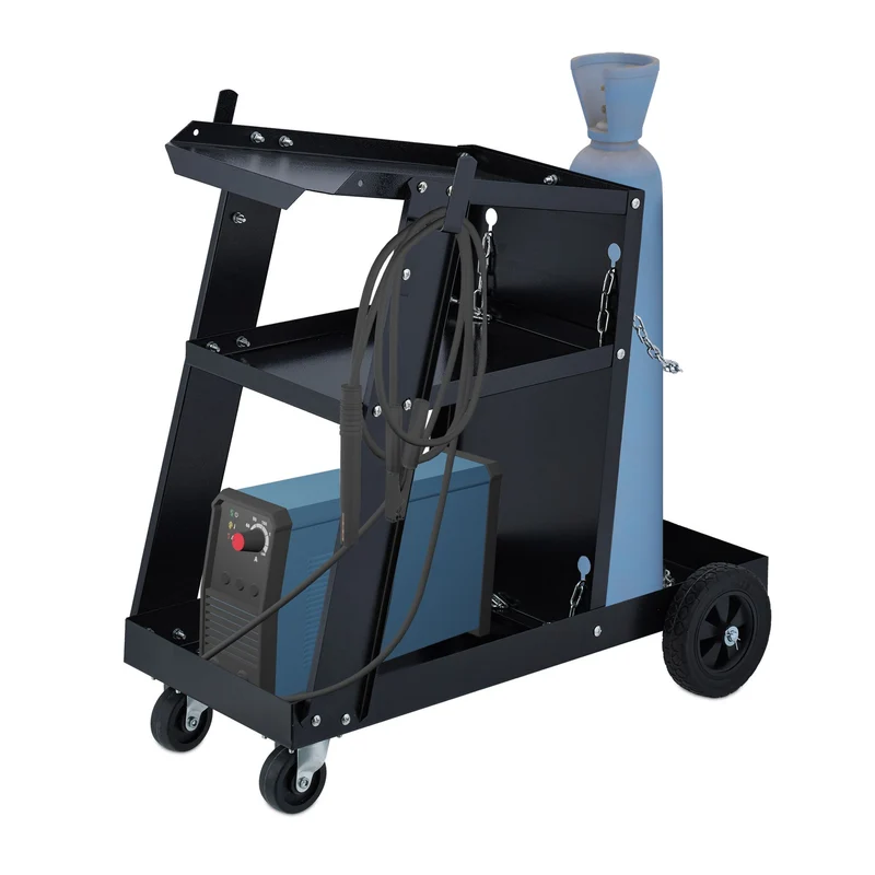 Chariot de soudure mobile pratique 3 niveaux avec rangement bouteille gaz et roues rotatives en acier noir 13_0015088