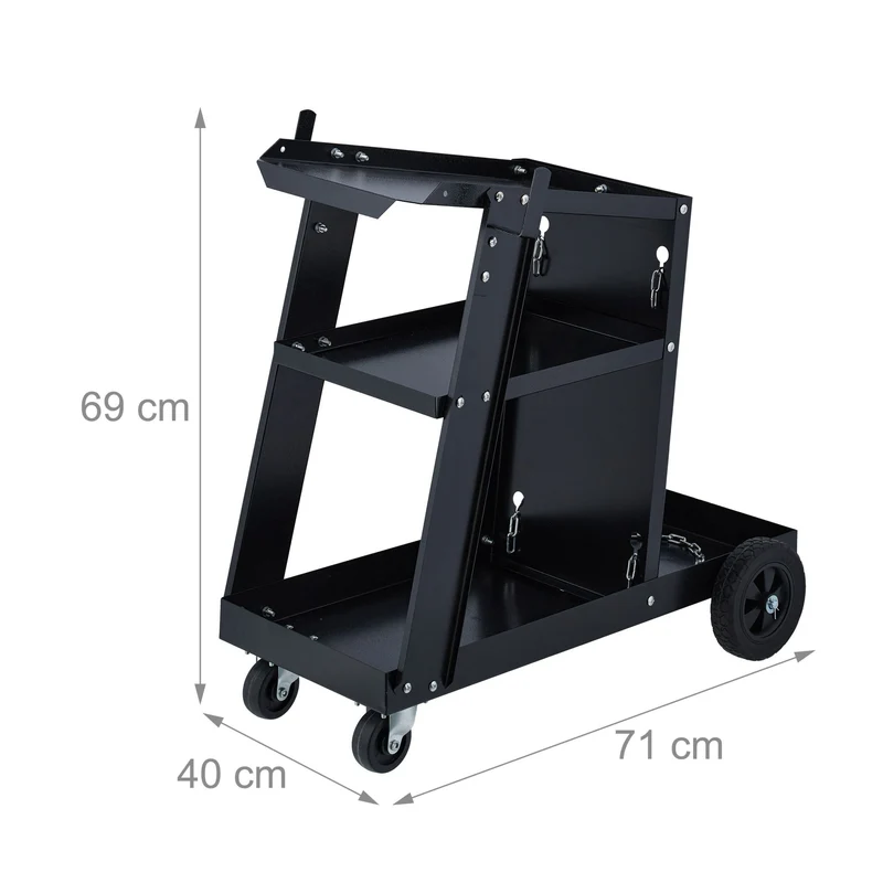 Chariot de soudure mobile pratique 3 niveaux avec rangement bouteille gaz et roues rotatives en acier noir 13_0015088