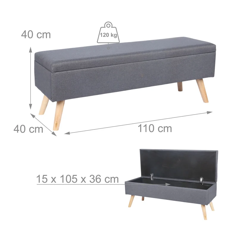 Banc coffre multifonctionnel avec rangement intégrée 40 x 110 x 40 cm en lin gris 13_0017660