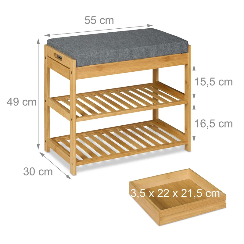 Banc à chaussures moderne pour entrée 110 x 40 x 45 cm avec 2 niveaux de rangement tiroir en bambou gris 13_0016296