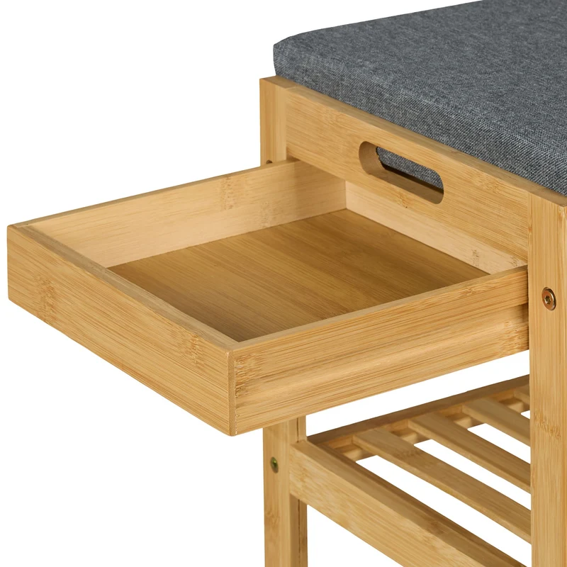 Banc à chaussures moderne pour entrée 110 x 40 x 45 cm avec 2 niveaux de rangement tiroir en bambou gris 13_0016296