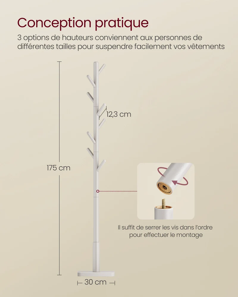 Portemanteau portant à vêtements en bois massif support sur pieds avec 8 crochets pour manteaux chapeaux sacs pour entrée couloir bois d'hévéa blanc 12_0007131