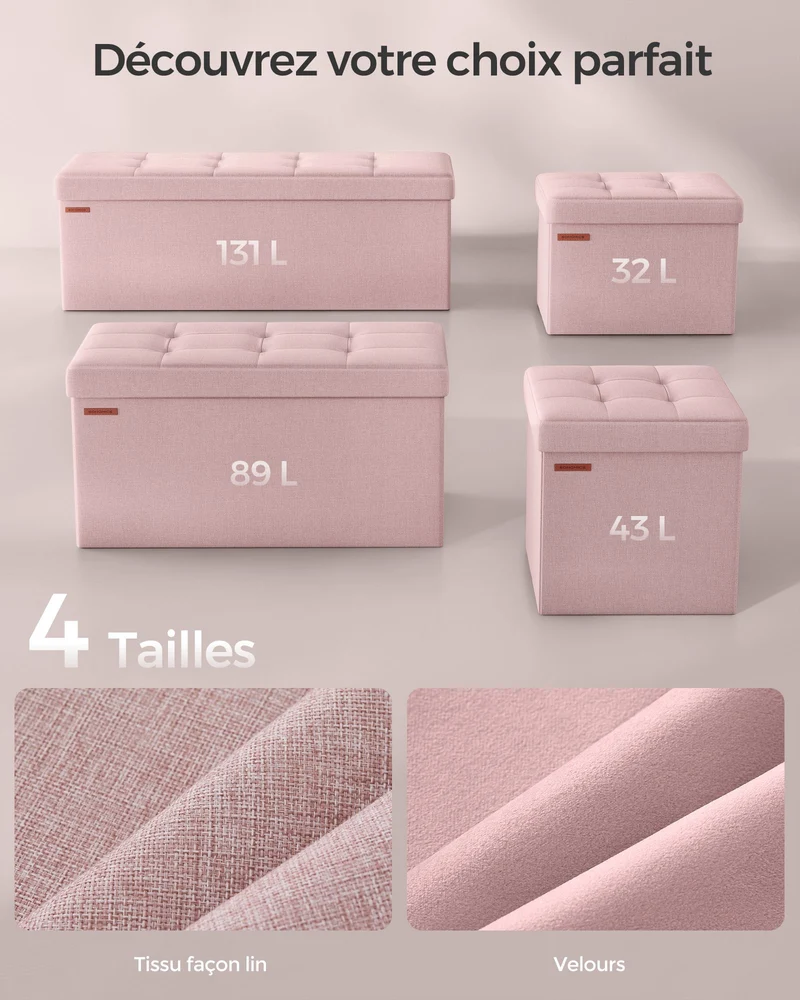 Banc de rangement pliable pouf coffre bout de lit banquette 110 x 38 x 38 cm tissu façon lin charge 300 kg pour entrée chambre salon rose 12_0004156
