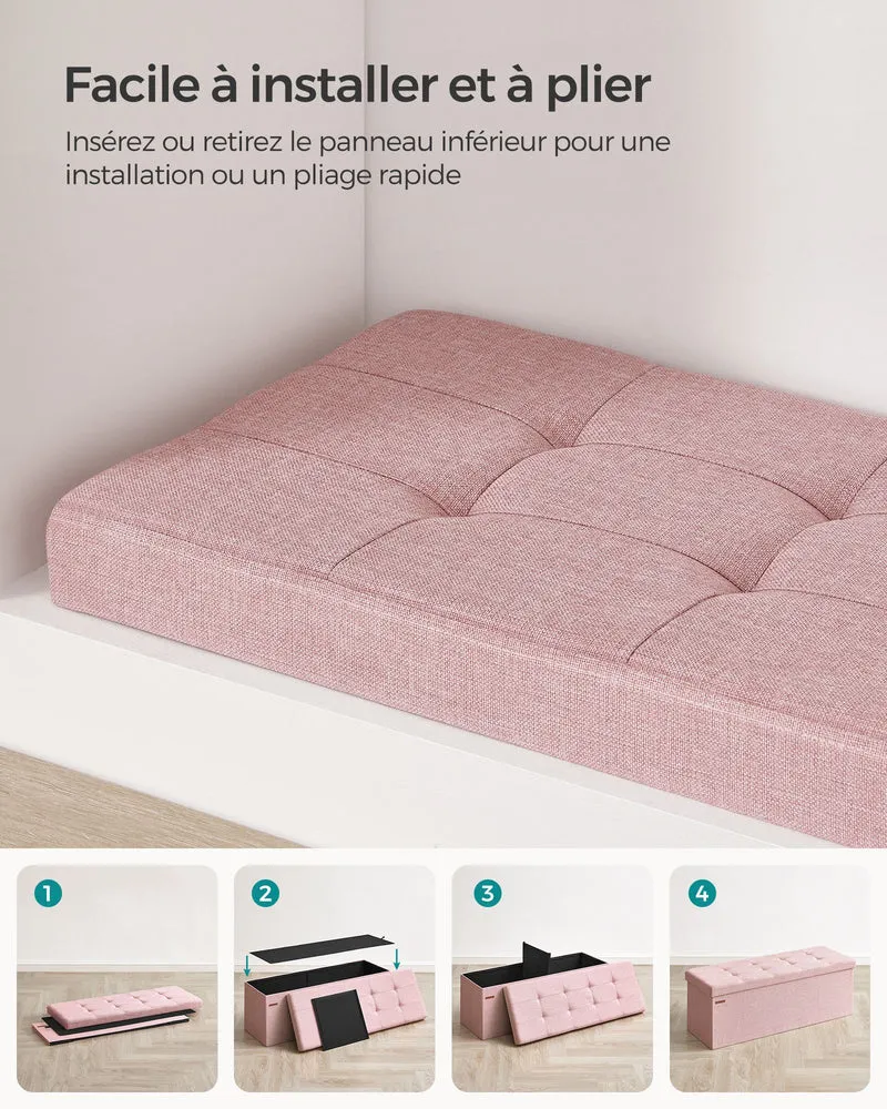 Banc de rangement pliable pouf coffre bout de lit banquette 110 x 38 x 38 cm tissu façon lin charge 300 kg pour entrée chambre salon rose 12_0004156