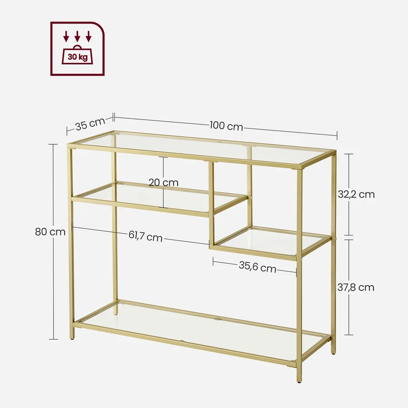 Table console table d'entrée bout de canapé buffet en verre trempé cadre en métal avec étagères de rangement 35 x 100 x 80 cm style moderne pour entrée salon doré 12_0007514
