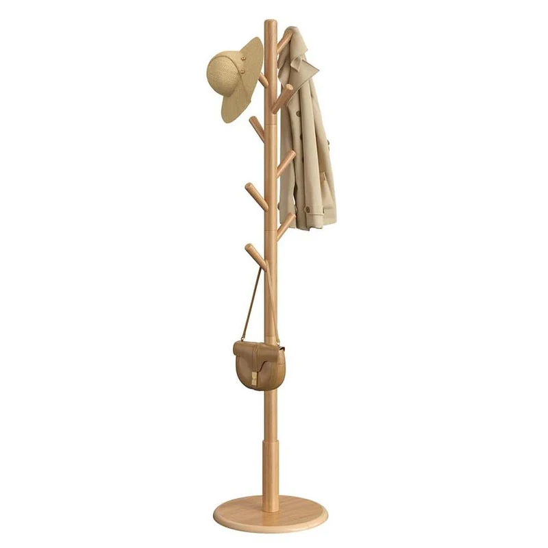 Portemanteau portant à vêtements en bois support sur pieds avec 8 crochets pour manteaux chapeaux sacs pour entrée couloir bois d'hévéa beige 12_0008054
