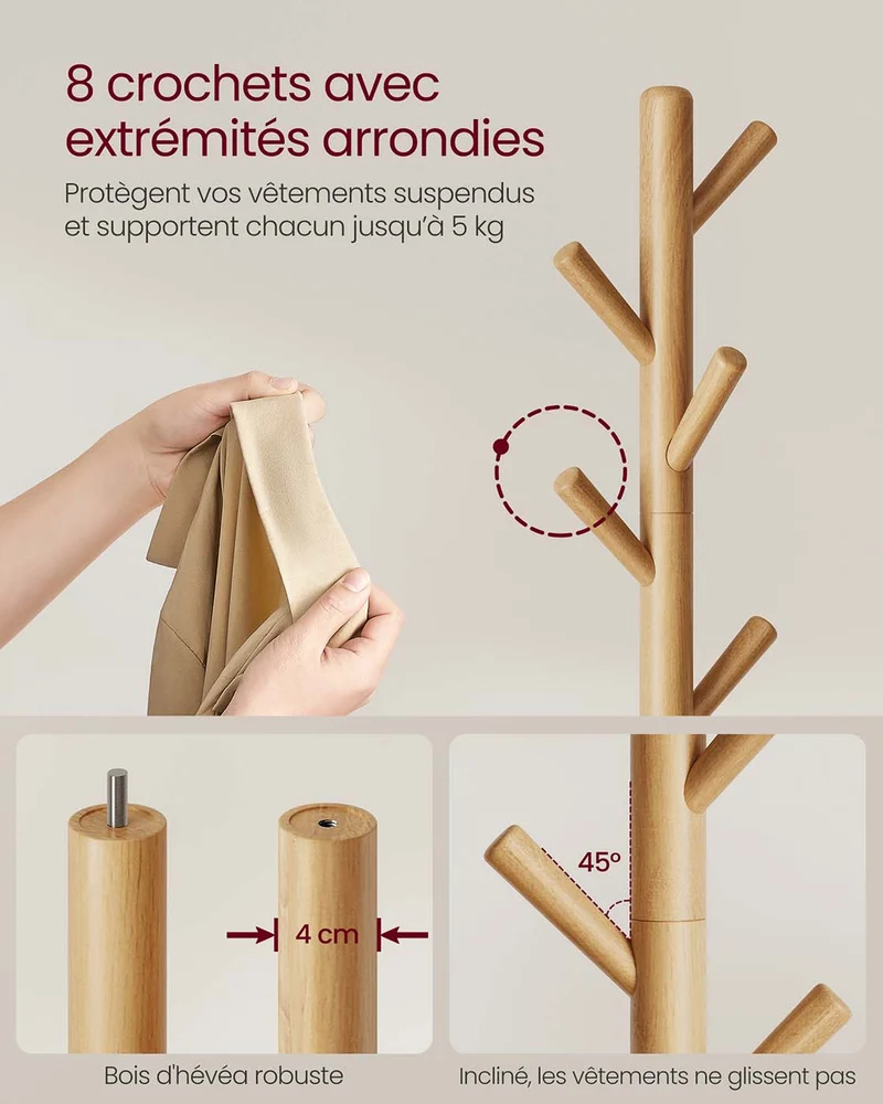 Portemanteau portant à vêtements en bois support sur pieds avec 8 crochets pour manteaux chapeaux sacs pour entrée couloir bois d'hévéa beige 12_0008054