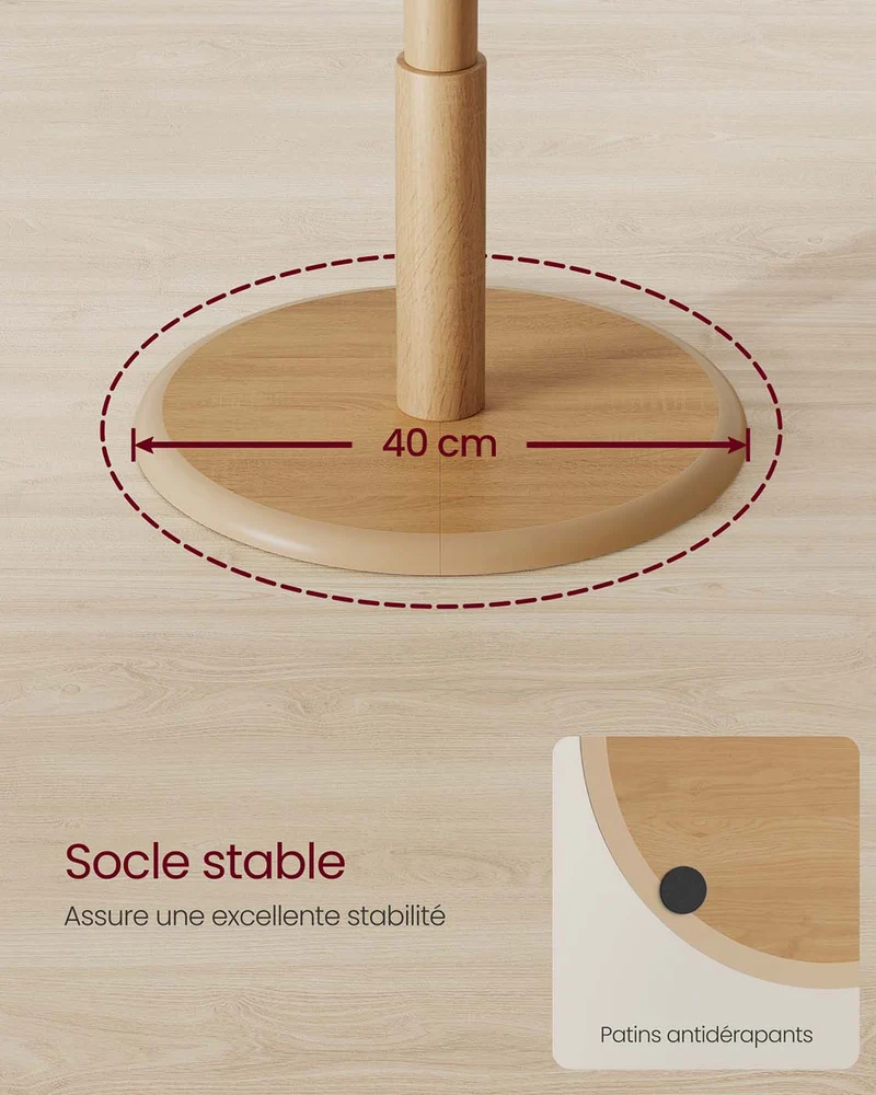 Portemanteau portant à vêtements en bois support sur pieds avec 8 crochets pour manteaux chapeaux sacs pour entrée couloir bois d'hévéa beige 12_0008054
