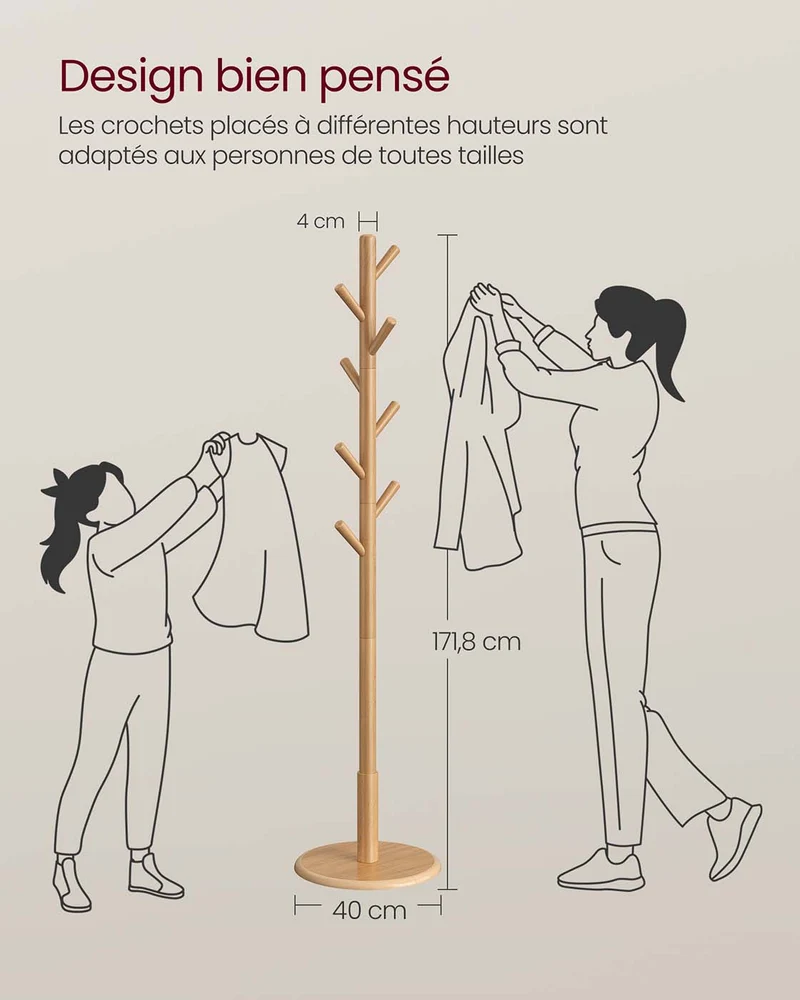 Portemanteau portant à vêtements en bois support sur pieds avec 8 crochets pour manteaux chapeaux sacs pour entrée couloir bois d'hévéa beige 12_0008054