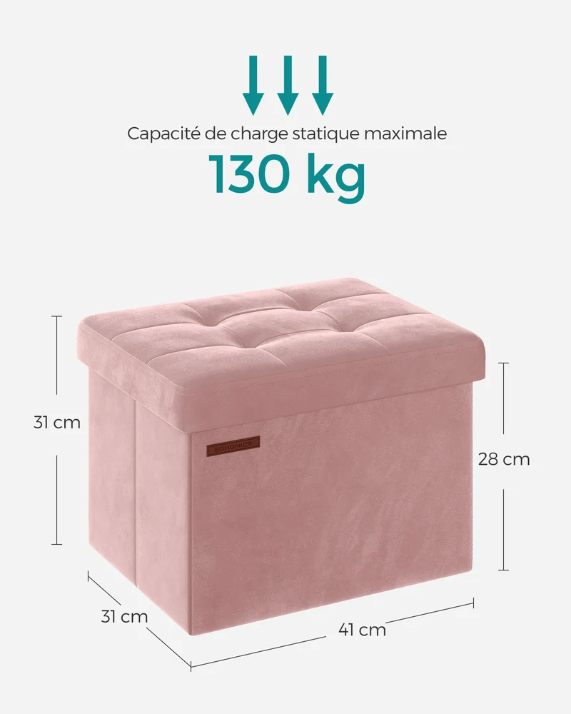 Banc de rangement boîte pliable en velours repose-pieds avec couvercle 31 x 41 x 31 cm capacité de charge 130 kg pour couloir salon rose 12_0004138