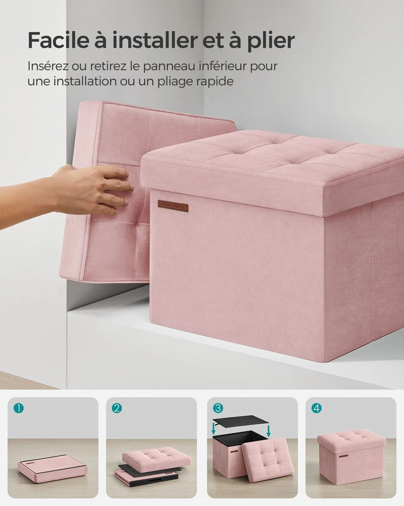 Banc de rangement boîte pliable en velours repose-pieds avec couvercle 31 x 41 x 31 cm capacité de charge 130 kg pour couloir salon rose 12_0004138
