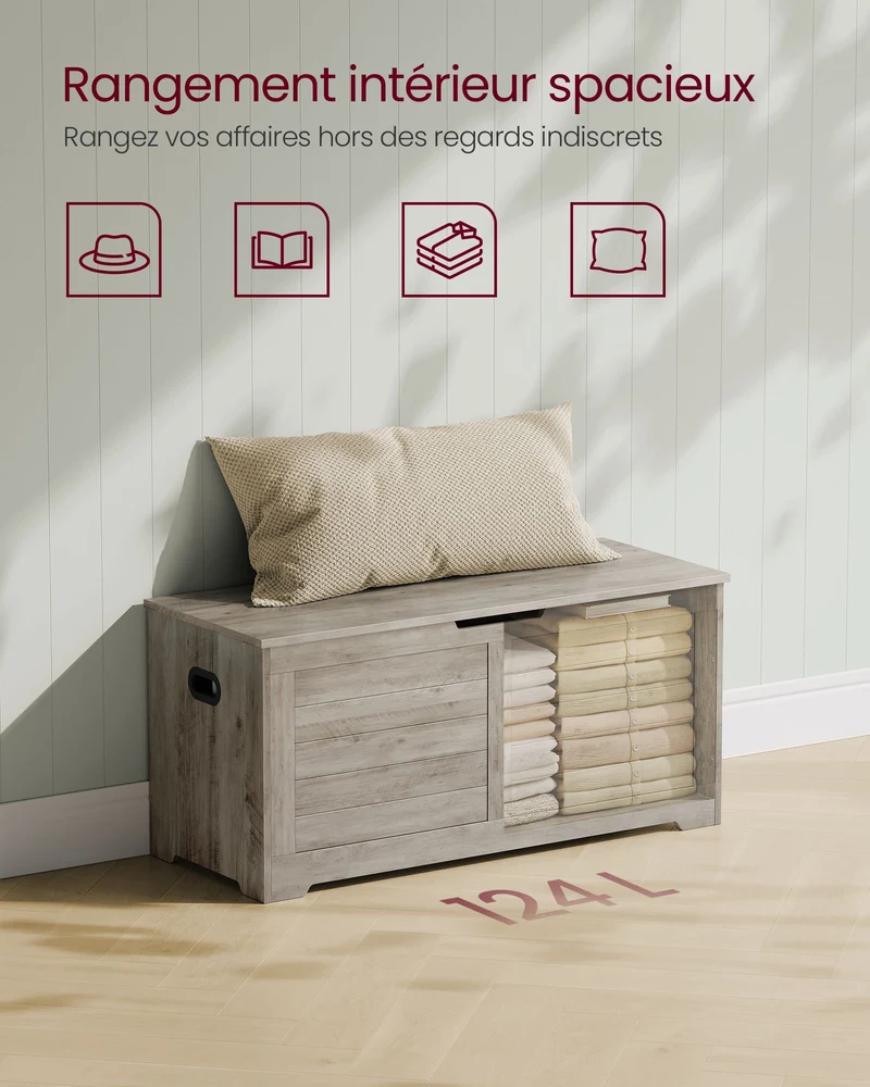 Coffre de rangement intérieur banc à chaussures pouf banquette rangement pour jouet enfant avec charnières de sécurité style moderne 100 x 40 x 46 cm gris 12_0005150