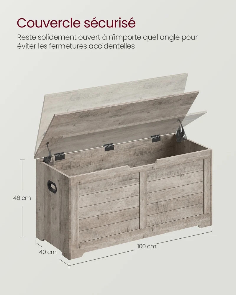 Coffre de rangement intérieur banc à chaussures pouf banquette rangement pour jouet enfant avec charnières de sécurité style moderne 100 x 40 x 46 cm gris 12_0005150