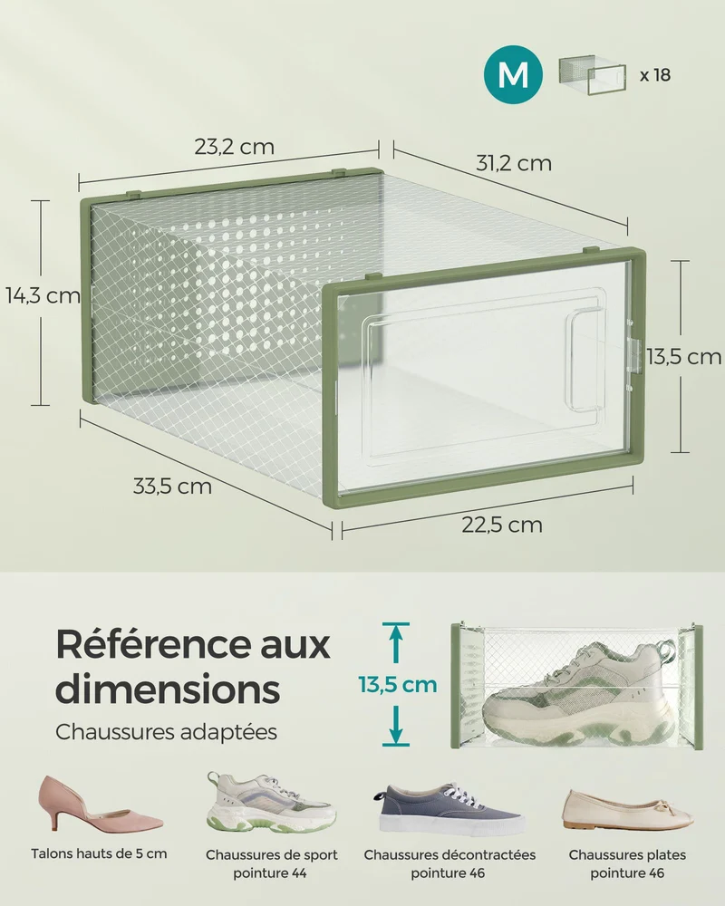 Boîtes à chaussures lot de 18 rangement chaussures pliable pour pointure jusqu’à 44 transparent et vert 12_0004447