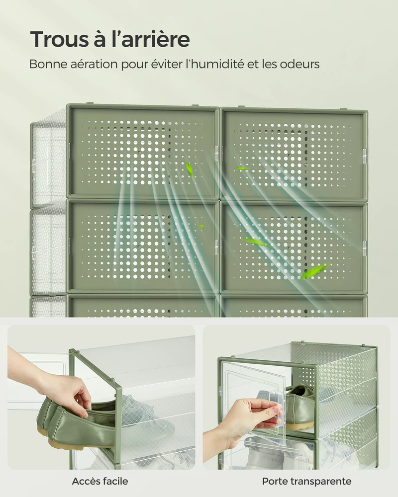 Boîtes à chaussures lot de 18 rangement chaussures pliable pour pointure jusqu’à 44 transparent et vert 12_0004447
