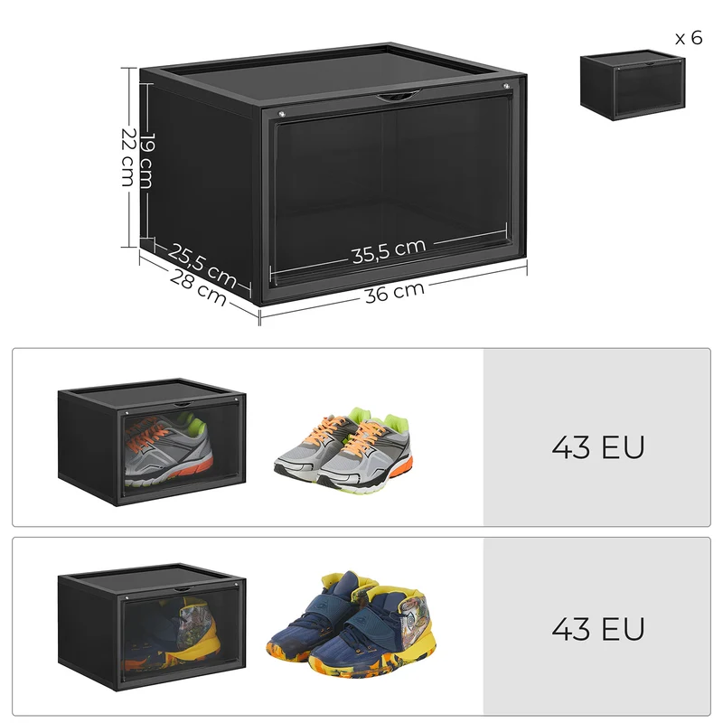 Boîte à chaussures organisateur à chaussures empilable rangement de chaussures en plastique avec ouverture lot de 6 28 x 36 x 22 cm jusqu’à la pointure de 46 noir 12_0004356