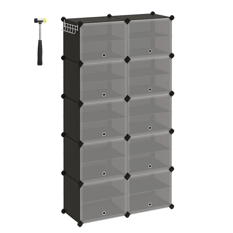 Rangement chaussures 10 compartiments étagère de rangement modulable compartiment de 30 x 40 x 30 cm avec porte cadre en acier panneaux en plastique noir 12_0007317