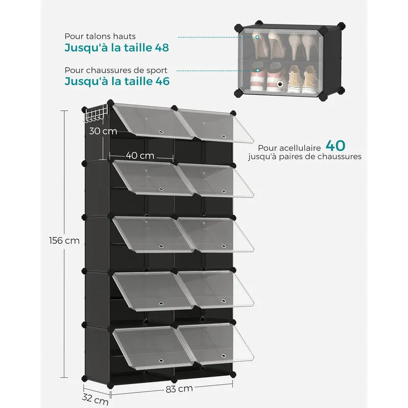 Rangement chaussures 10 compartiments étagère de rangement modulable compartiment de 30 x 40 x 30 cm avec porte cadre en acier panneaux en plastique noir 12_0007317