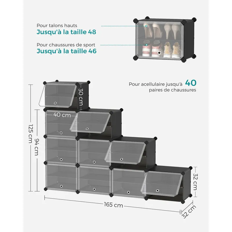 Rangement chaussures 10 compartiments étagère de rangement modulable compartiment de 30 x 40 x 30 cm avec porte cadre en acier panneaux en plastique noir 12_0007317