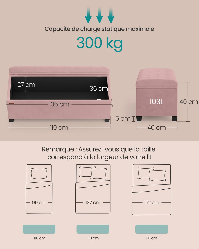 Tabouret de rangement pouf repose-pieds 40 x 110 x 40 cm bout de lit cubique avec rangement charge jusqu'à 300 kg pour salon chambre entrée rose bonbon 12_0007721