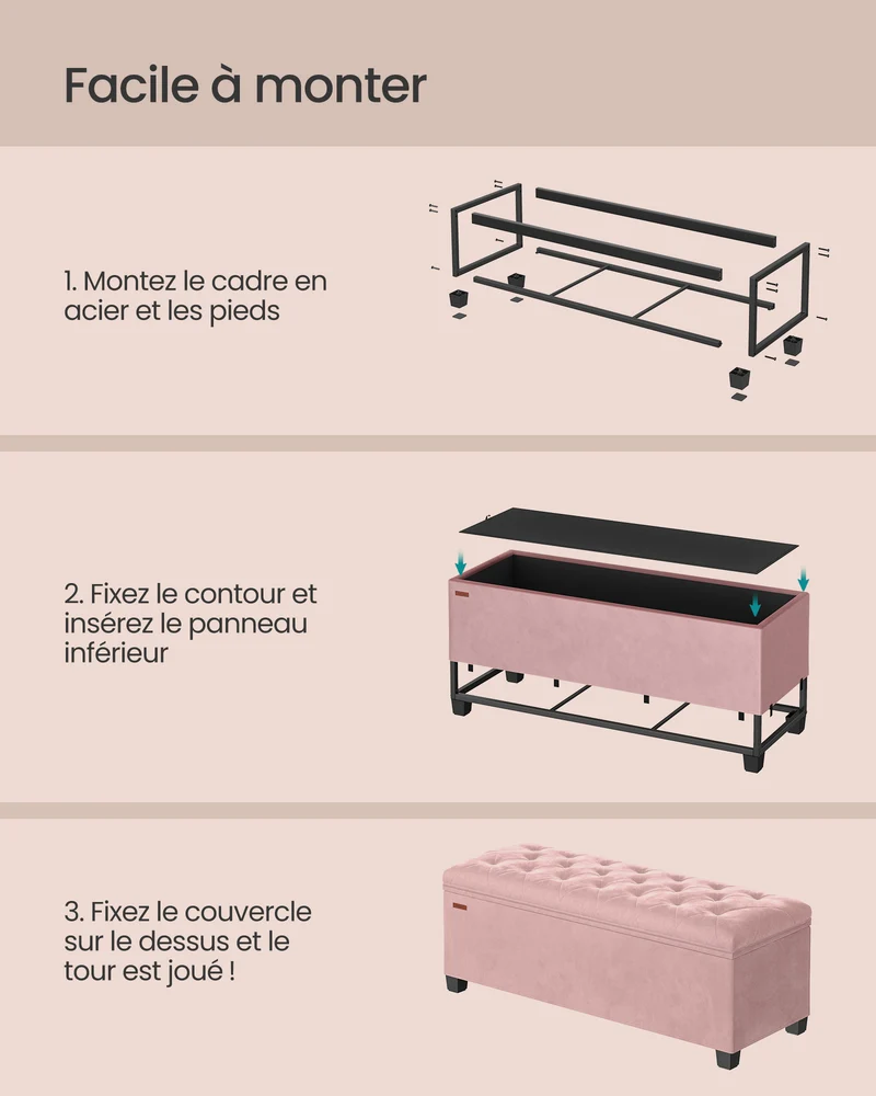 Tabouret de rangement pouf repose-pieds 40 x 110 x 40 cm bout de lit cubique avec rangement charge jusqu'à 300 kg pour salon chambre entrée rose bonbon 12_0007721