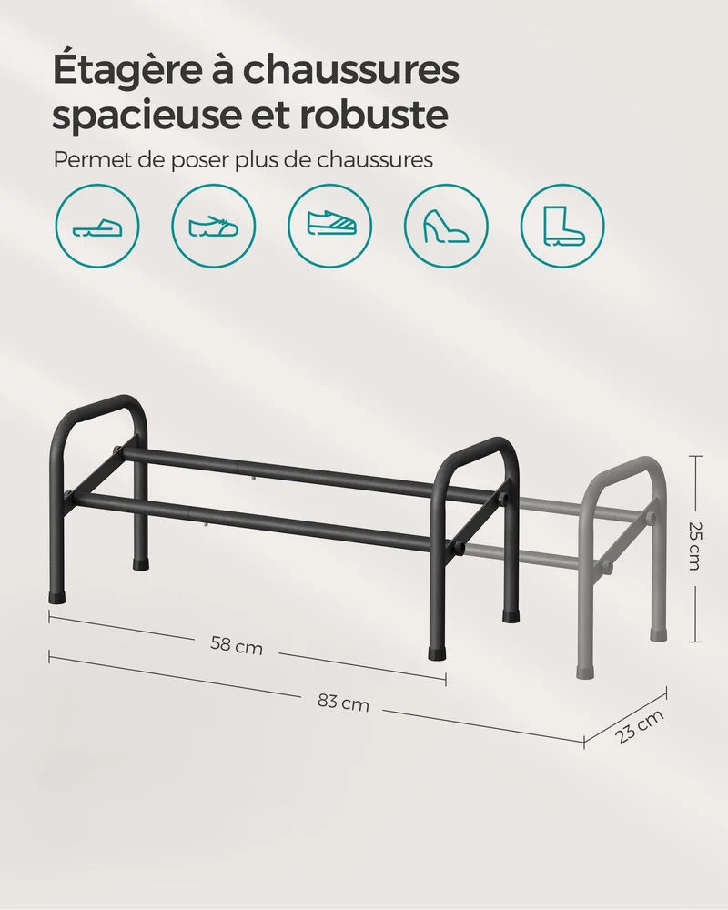 Étagère à chaussures à 2 niveaux rangement ajustable pour chaussures pour entrée placard assemblage facile en métal noir 12_0005466