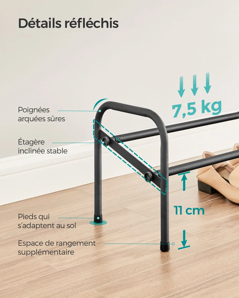 Étagère à chaussures à 2 niveaux rangement ajustable pour chaussures pour entrée placard assemblage facile en métal noir 12_0005466